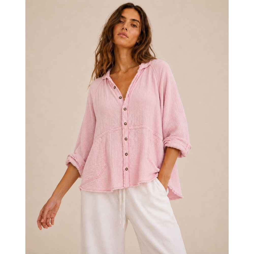 We The Free Summer Daydream Buttondown Sz S Oversized Blush Pink Gauzy SEE NOTE